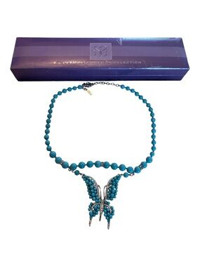 NIB Vtg Suzanne Somers Butterfly Turquoise Bead Necklace with Rhinestone Accents